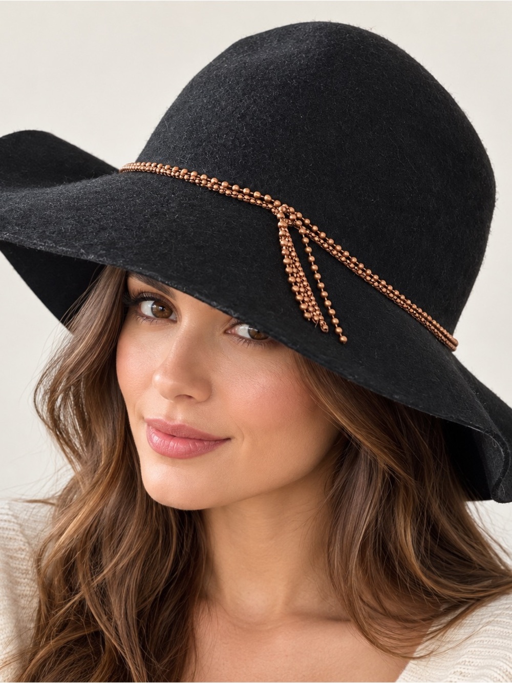 Mudd Women’s Black 100% Wool Wide Brim Hat Beaded Tassel